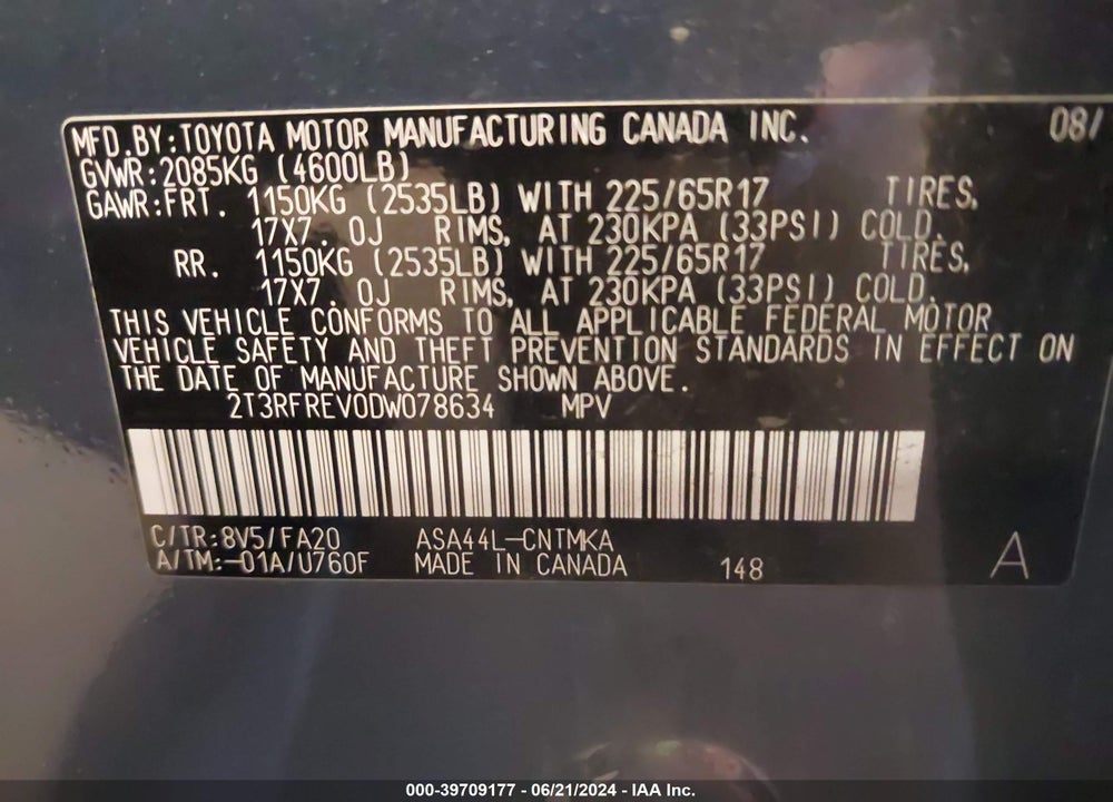2013 TOYOTA RAV4 XLE VIN: 2T3RFREV0DW078634