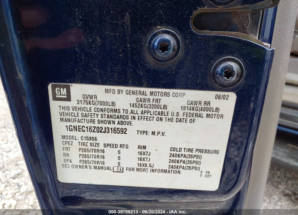 2002 CHEVROLET SUBURBAN 1500 LS VIN: 1GNEC16Z02J316592