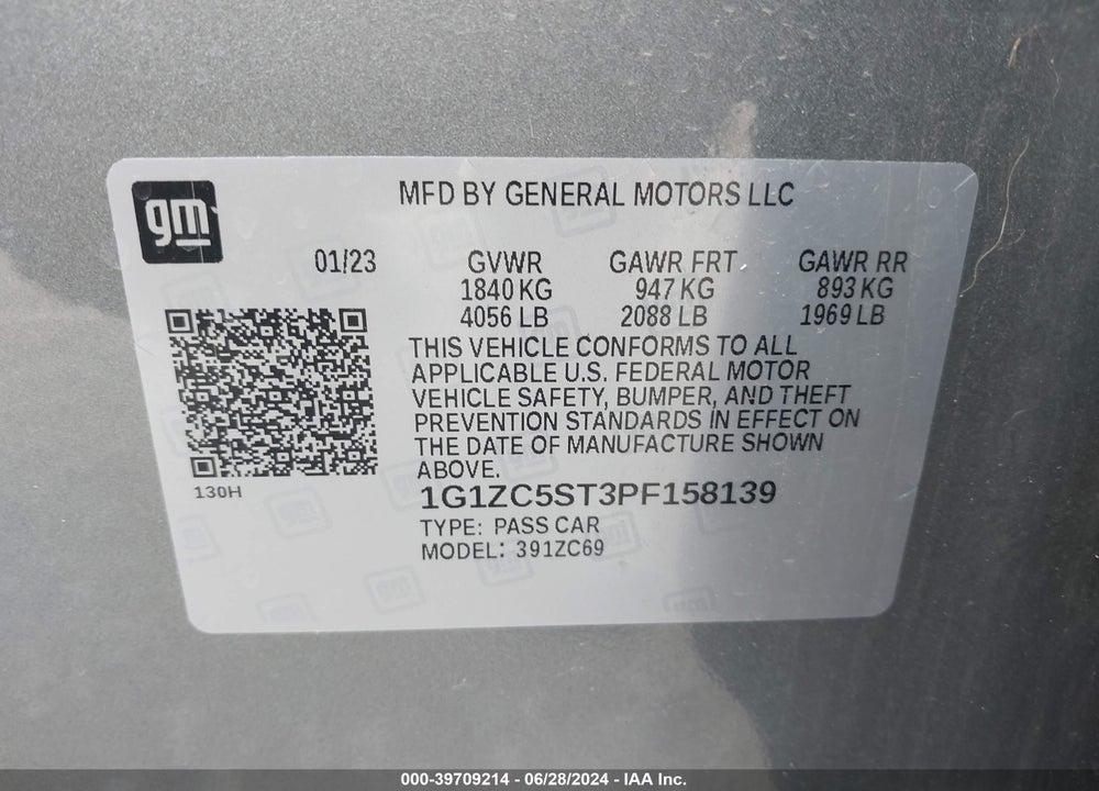 2023 CHEVROLET MALIBU FWD 1FL VIN: 1G1ZC5ST3PF158139