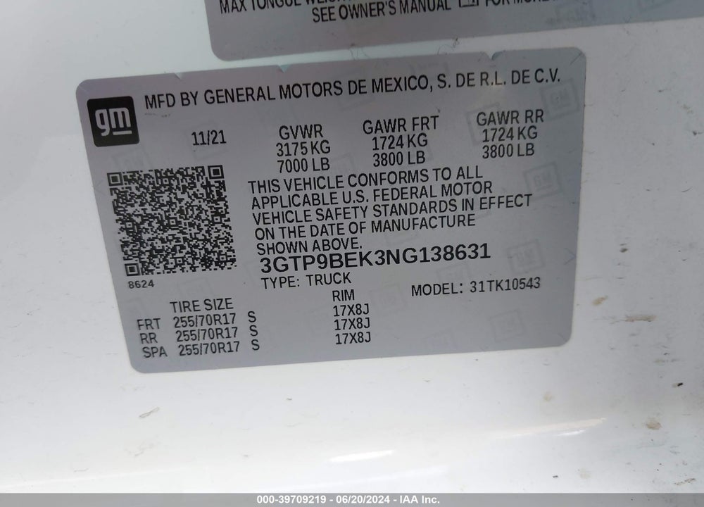 2022 GMC SIERRA 1500 LIMITED 4WD  SHORT BOX SLE VIN: 3GTP9BEK3NG138631