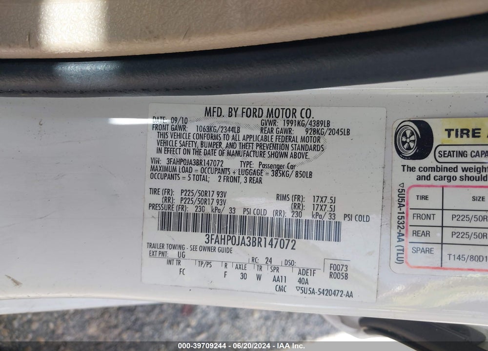 2011 FORD FUSION SEL VIN: 3FAHP0JA3BR147072