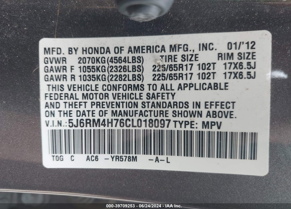 2012 HONDA CR-V EX-L VIN: 5J6RM4H76CL018097