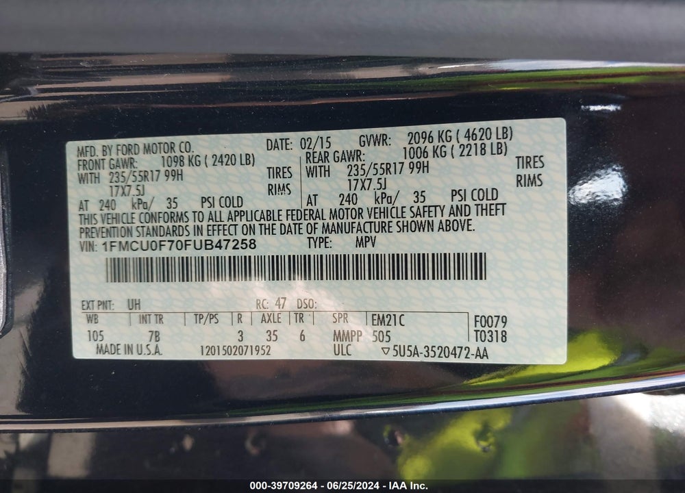 2015 FORD ESCAPE S VIN: 1FMCU0F70FUB47258