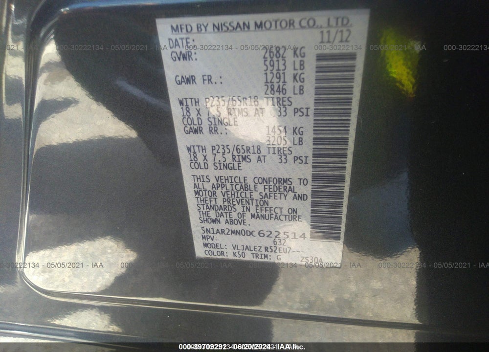 2013 NISSAN PATHFINDER SV VIN: 5N1AR2MN0DC622514