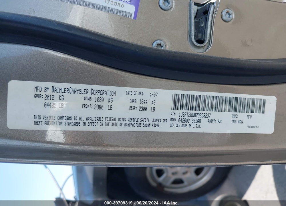 2007 JEEP PATRIOT SPORT VIN: 1J8FT28W87D358237