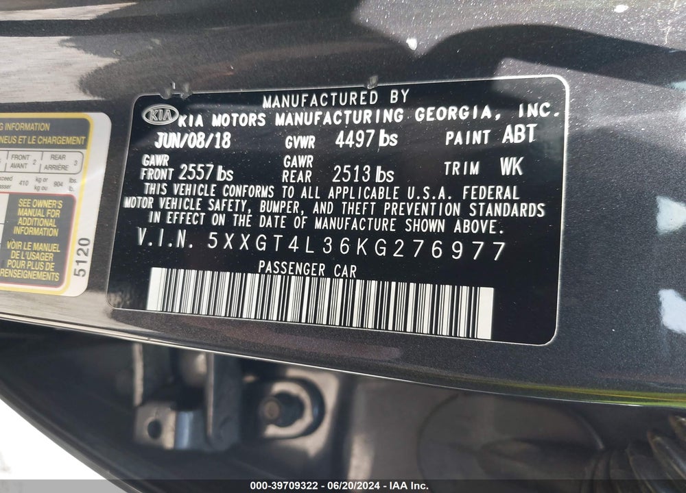 2019 KIA OPTIMA LX VIN: 5XXGT4L36KG276977