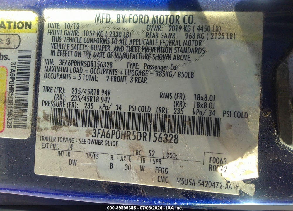 2013 FORD FUSION SE VIN: 3FA6P0HR5DR156328