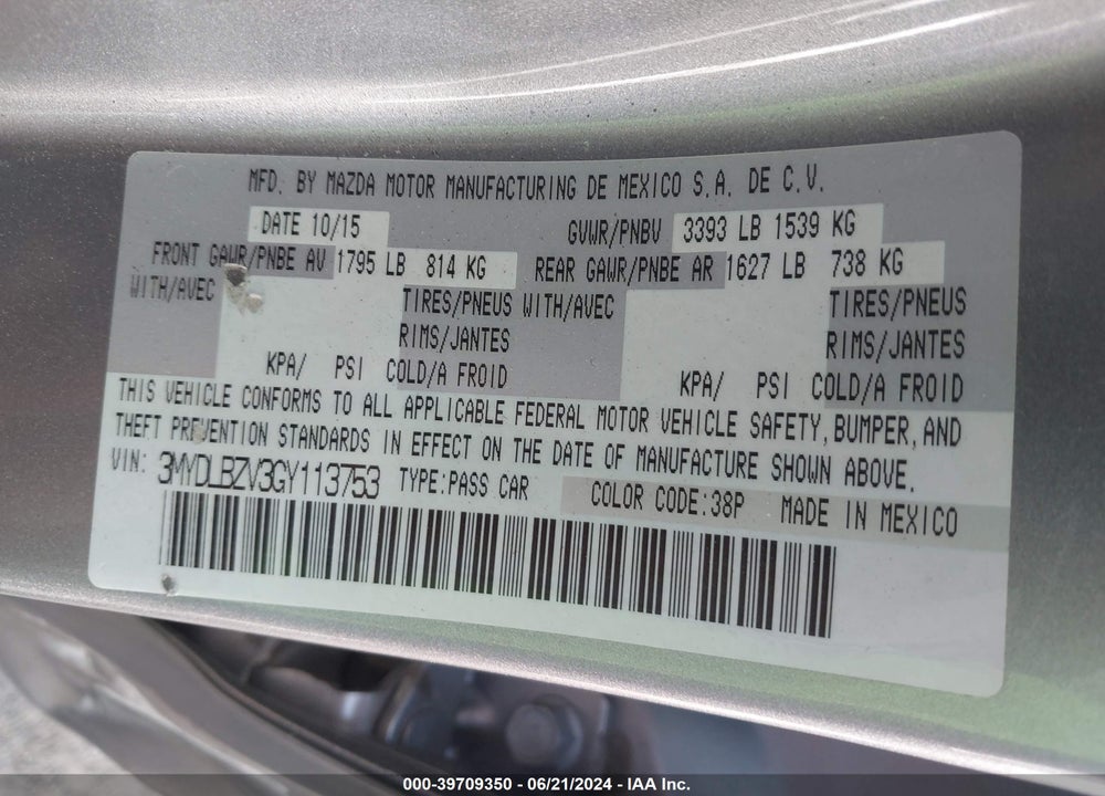 2016 SCION IA VIN: 3MYDLBZV3GY113753