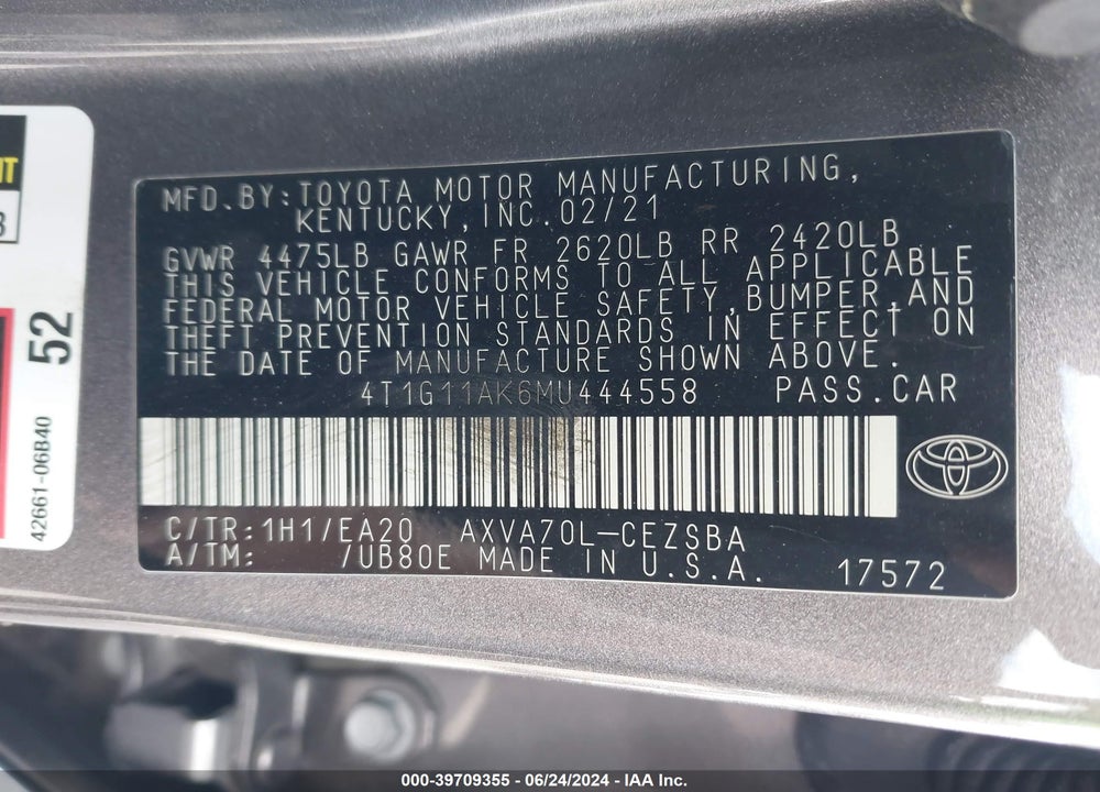 2021 TOYOTA CAMRY SE VIN: 4T1G11AK6MU444558
