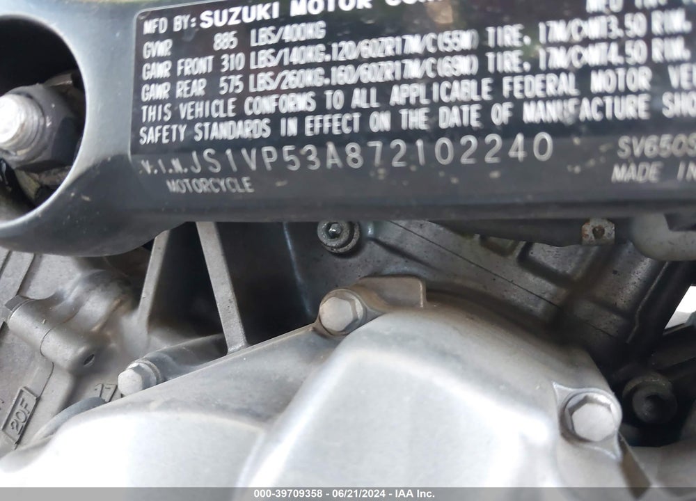 2007 SUZUKI SV650 VIN: JS1VP53A872102240