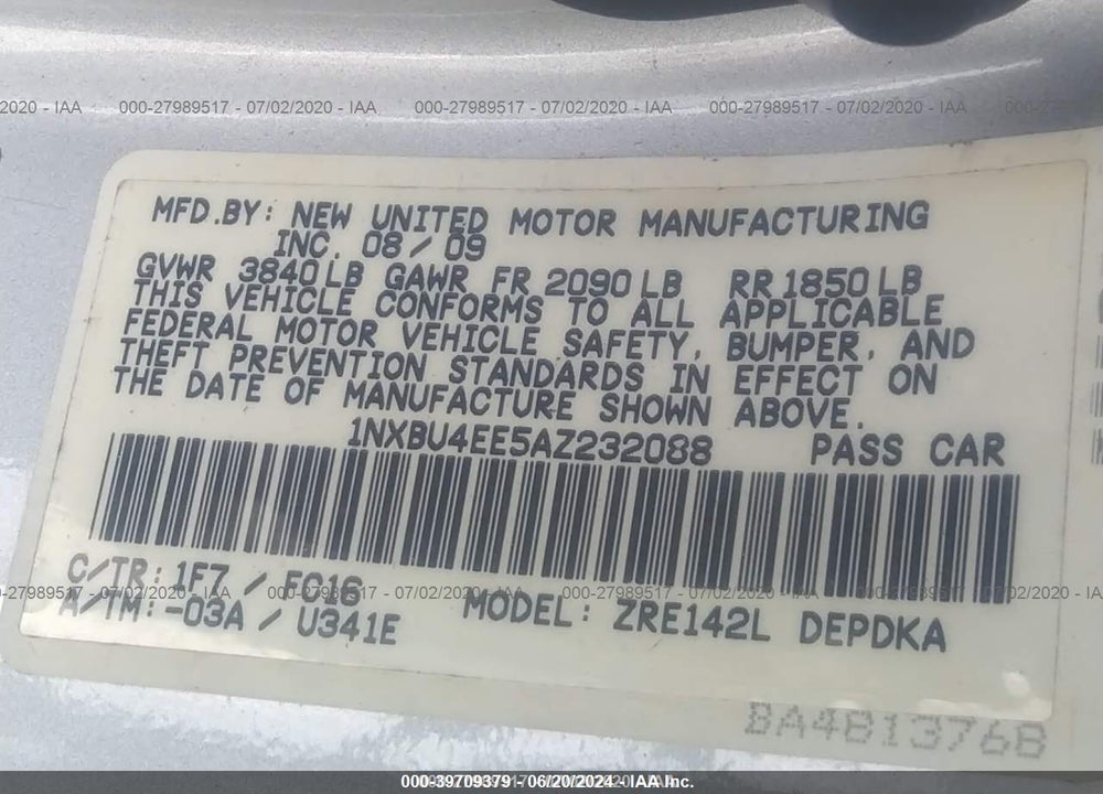 2010 TOYOTA COROLLA LE VIN: 1NXBU4EE5AZ232088