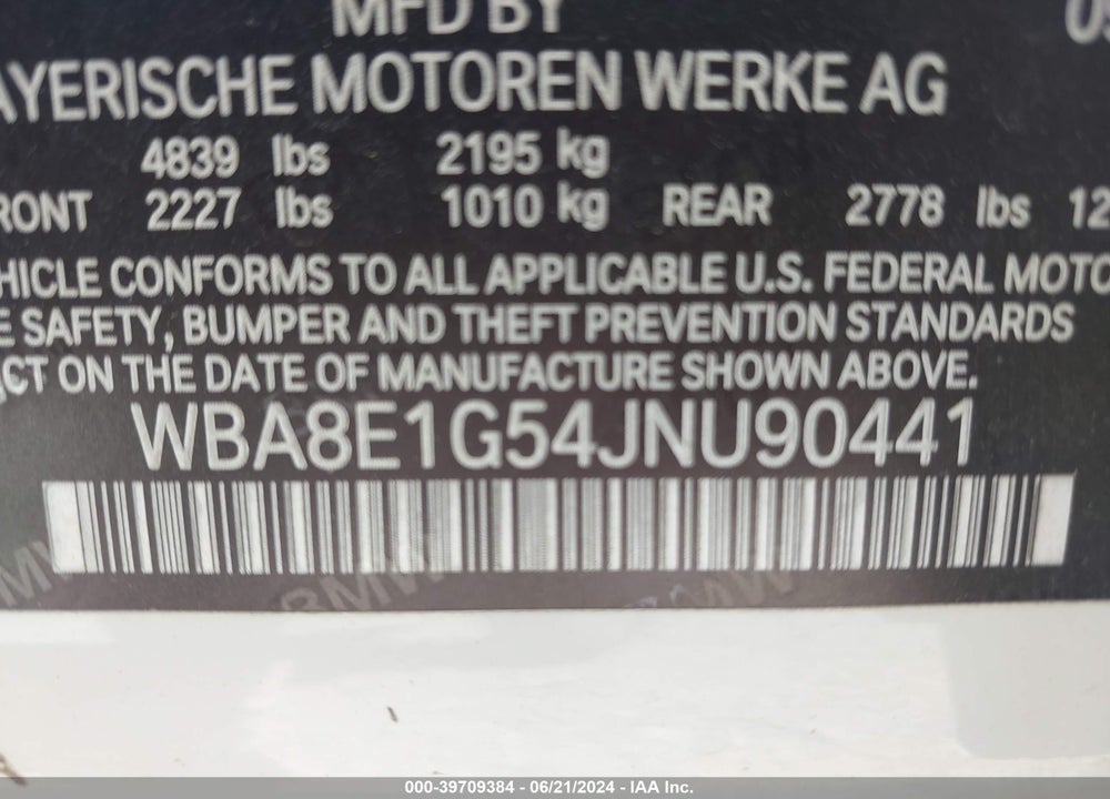 2018 BMW 320I VIN: WBA8E1G54JNU90441