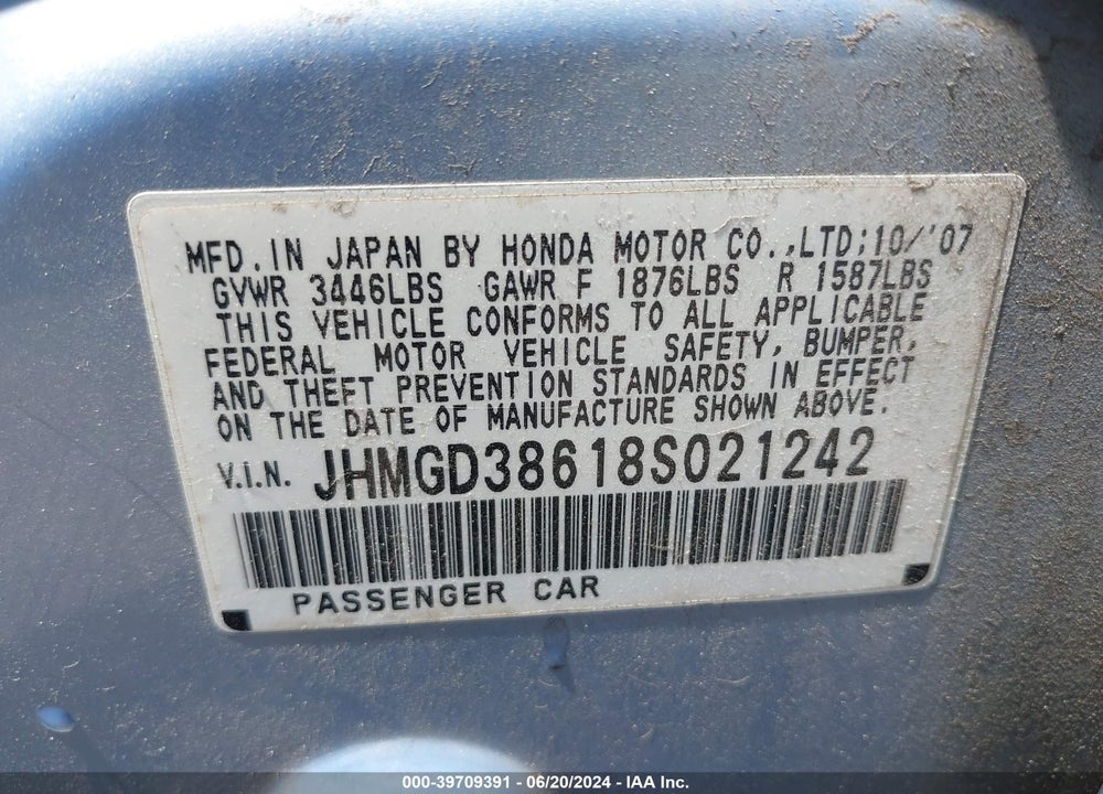 2008 HONDA FIT SPORT VIN: JHMGD38618S021242