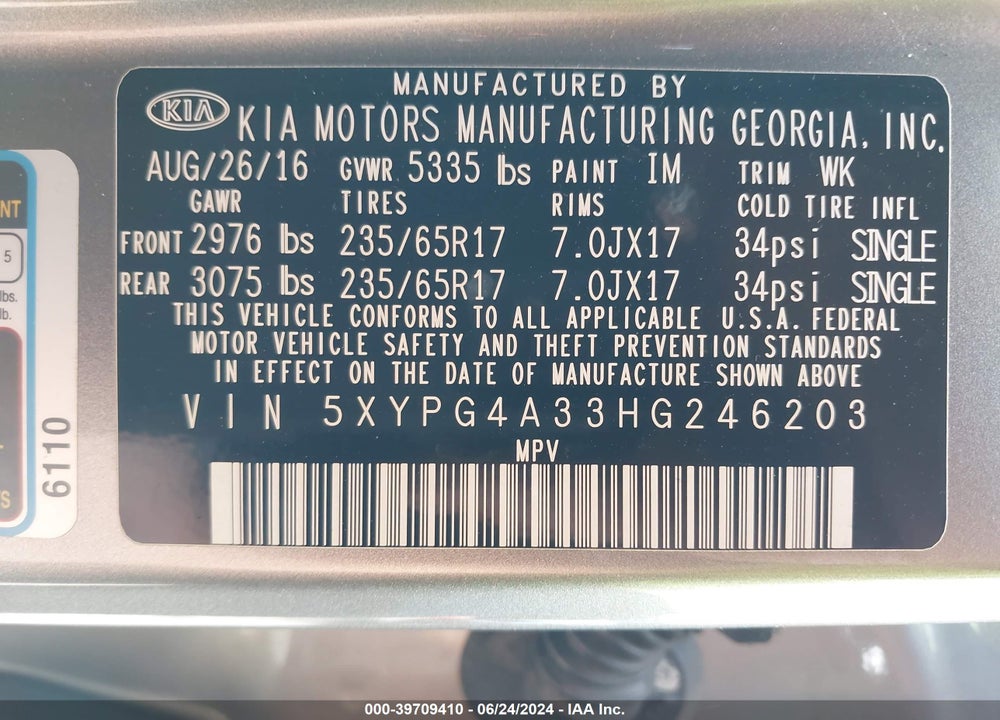 2017 KIA SORENTO 2.4L LX VIN: 5XYPG4A33HG246203