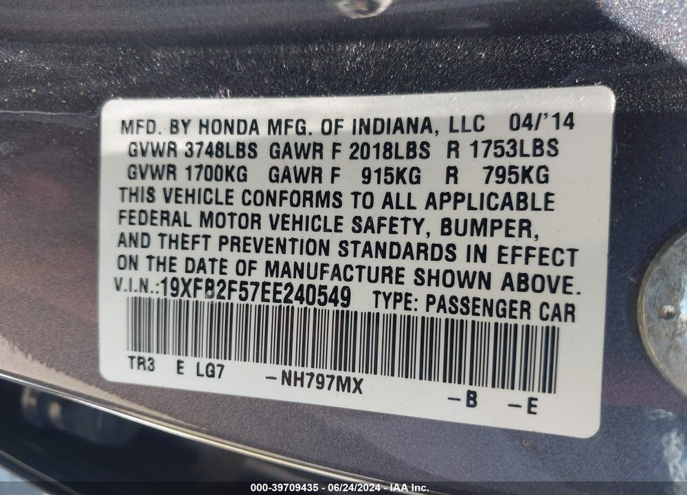 2014 HONDA CIVIC LX VIN: 19XFB2F57EE240549