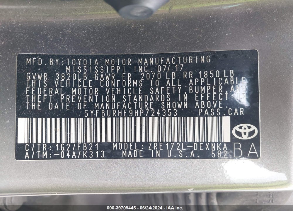 2017 TOYOTA COROLLA LE VIN: 5YFBURHE9HP724353