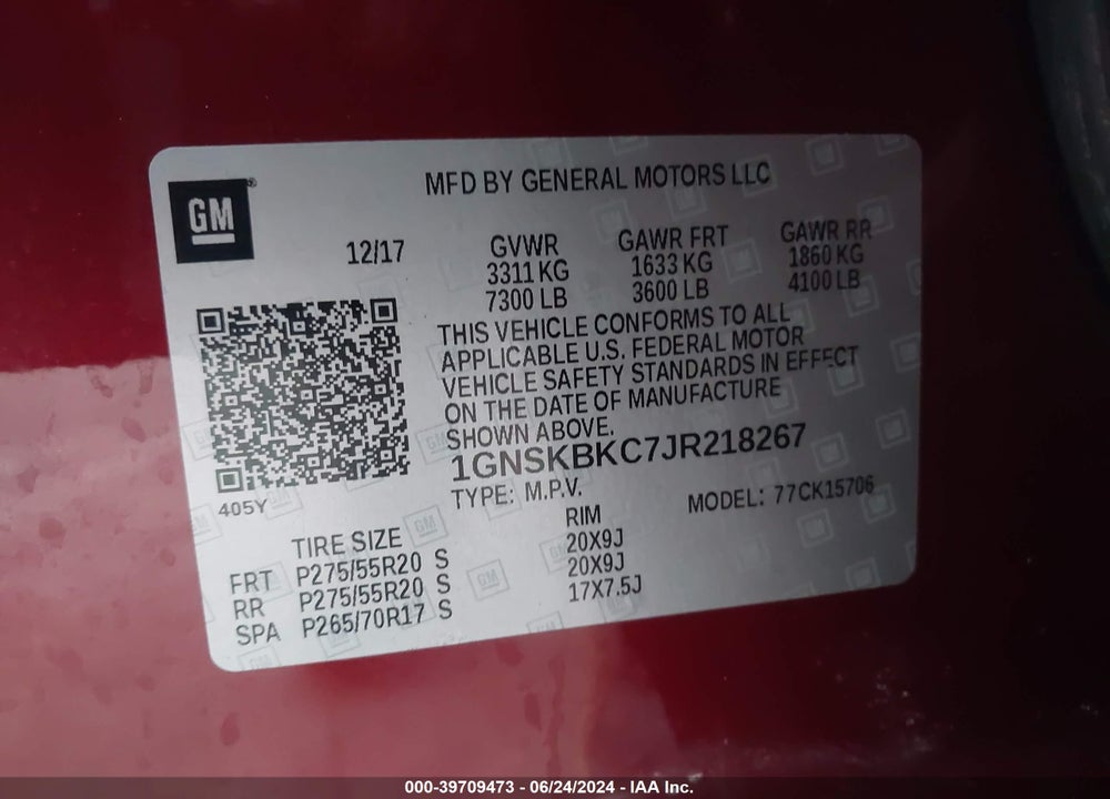 2018 CHEVROLET TAHOE LT VIN: 1GNSKBKC7JR218267
