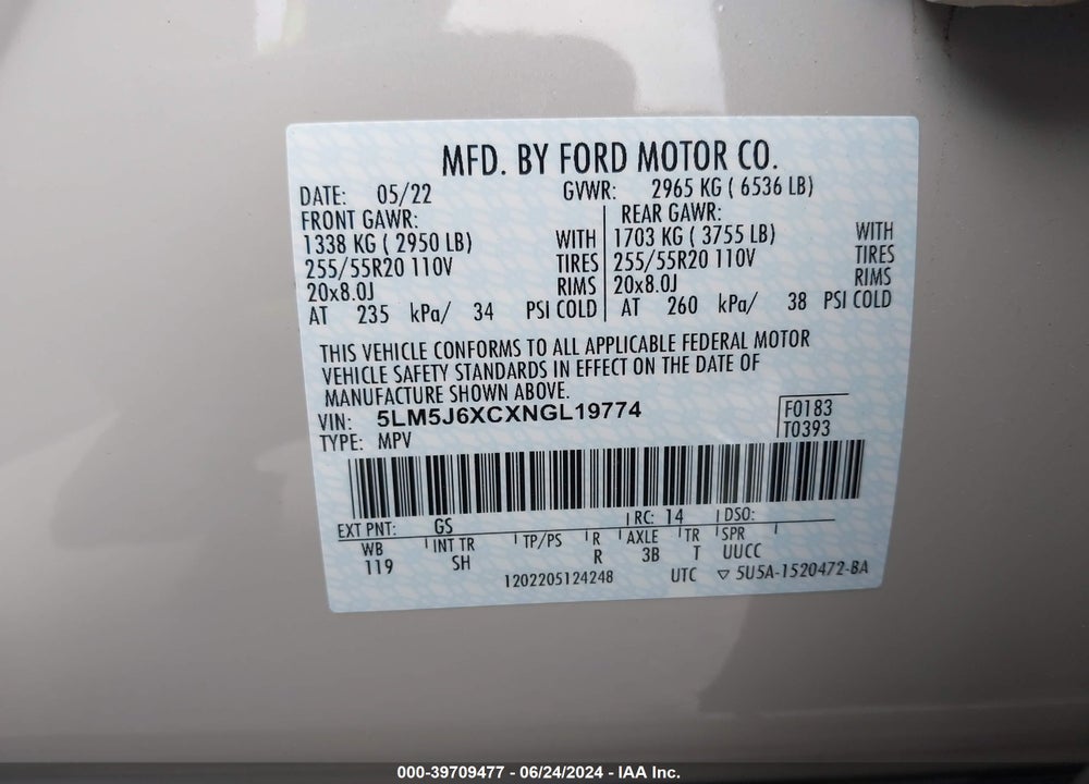 2022 LINCOLN AVIATOR STANDARD VIN: 5LM5J6XCXNGL19774