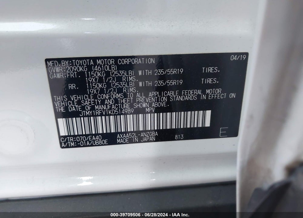 2019 TOYOTA RAV4 LIMITED VIN: JTMY1RFV1KD514989
