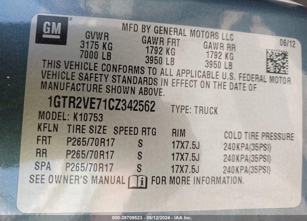 2012 GMC SIERRA 1500 SLE VIN: 1GTR2VE71CZ342562