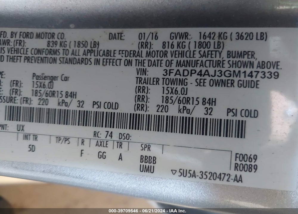 2016 FORD FIESTA S VIN: 3FADP4AJ3GM147339