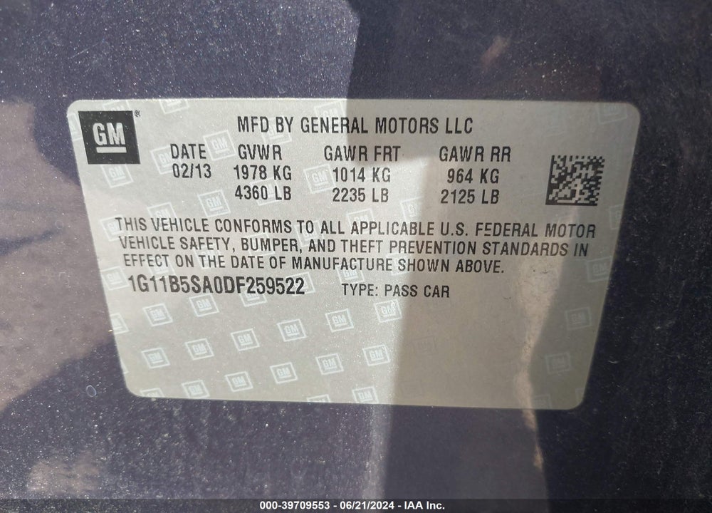 2013 CHEVROLET MALIBU 1LS VIN: 1G11B5SA0DF259522