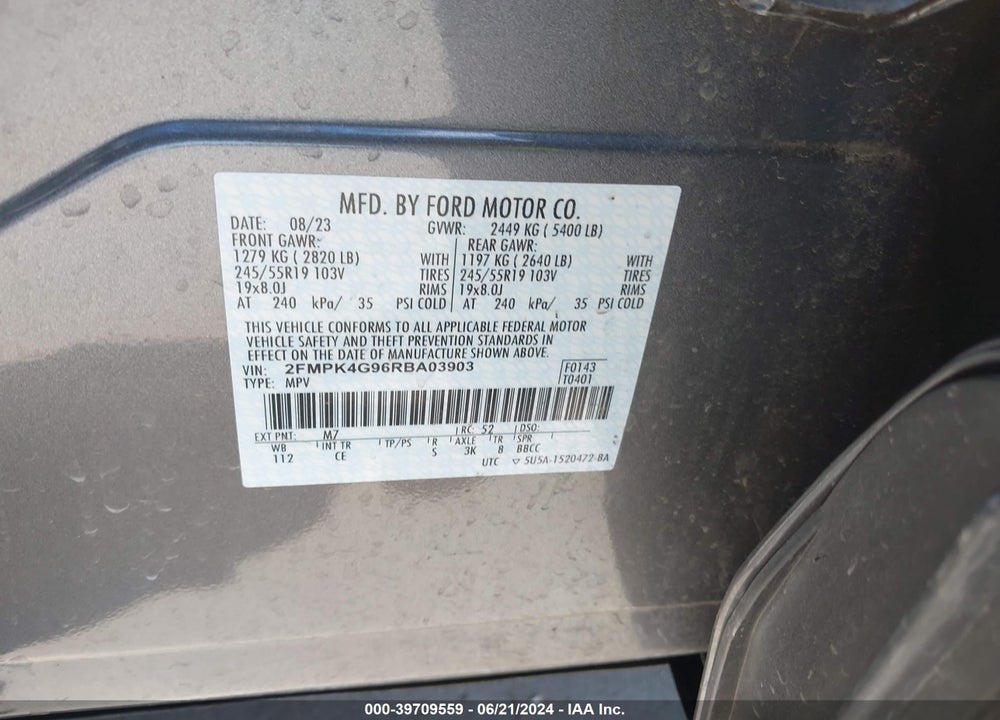 2024 FORD EDGE SE VIN: 2FMPK4G96RBA03903
