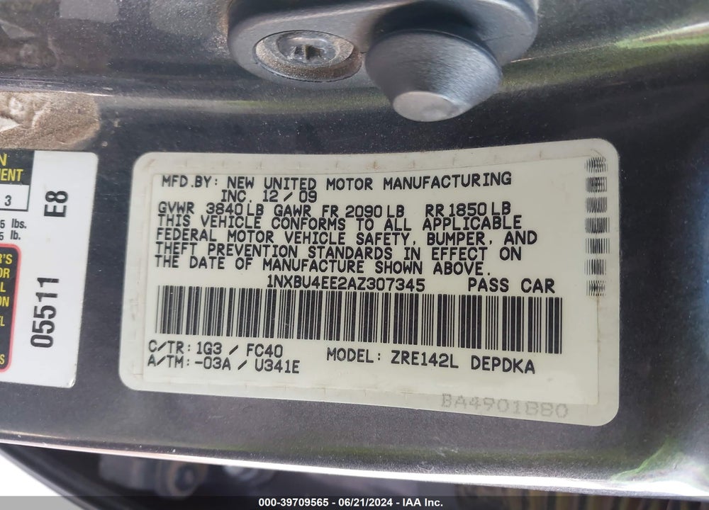 2010 TOYOTA COROLLA LE VIN: 1NXBU4EE2AZ307345