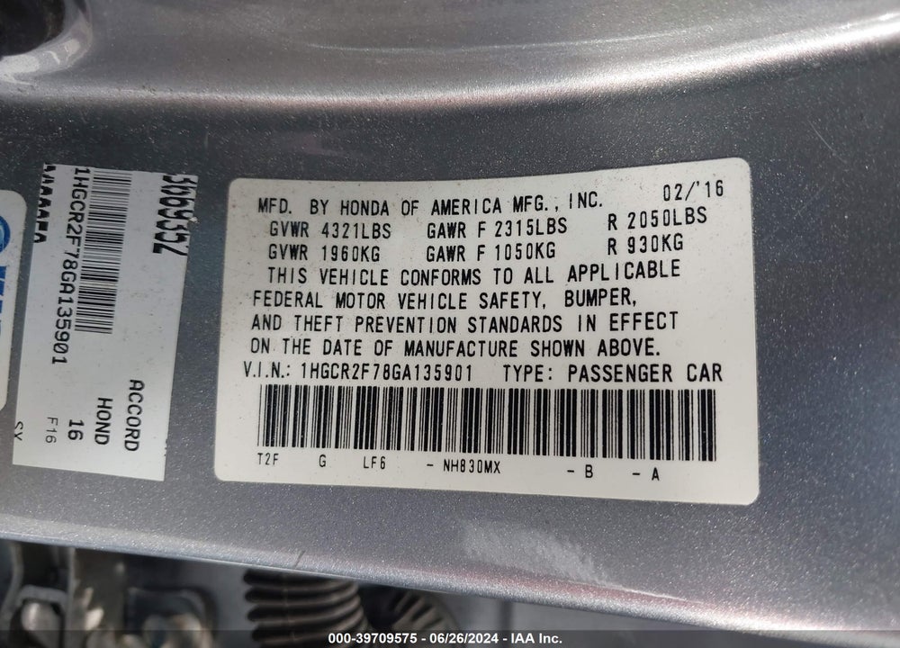 2016 HONDA ACCORD EX VIN: 1HGCR2F78GA135901
