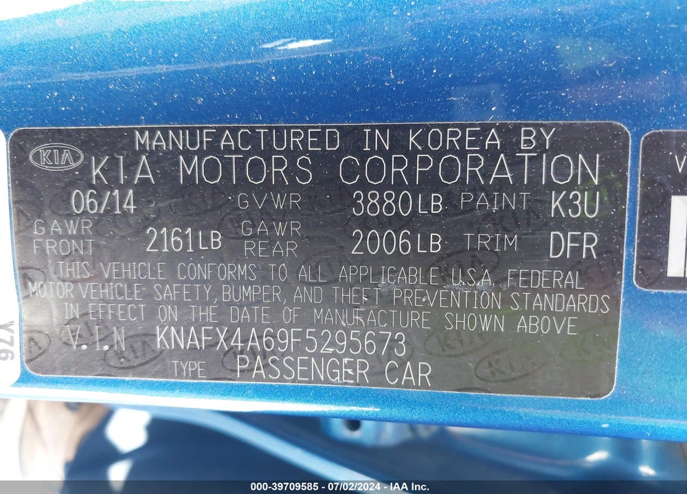 2015 KIA FORTE LX VIN: KNAFX4A69F5295673