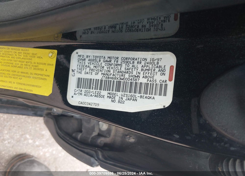 1998 LEXUS GS 400 VIN: JT8BH68X3W0004587