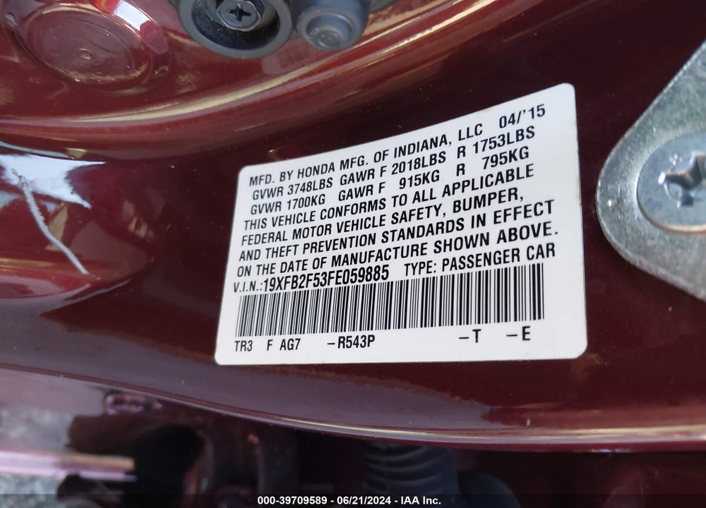 2015 HONDA CIVIC LX VIN: 19XFB2F53FE059885