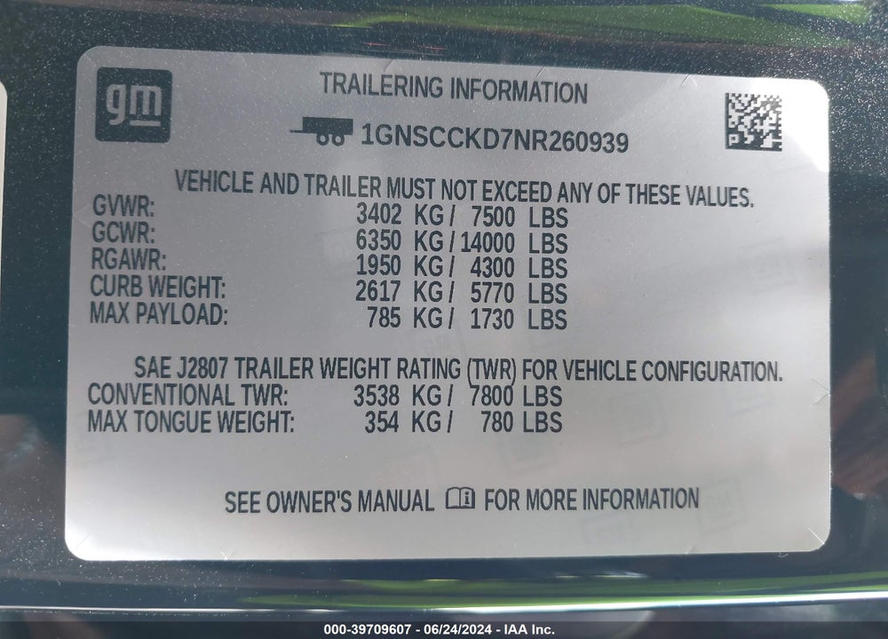 2022 CHEVROLET SUBURBAN 2WD LT VIN: 1GNSCCKD7NR260939