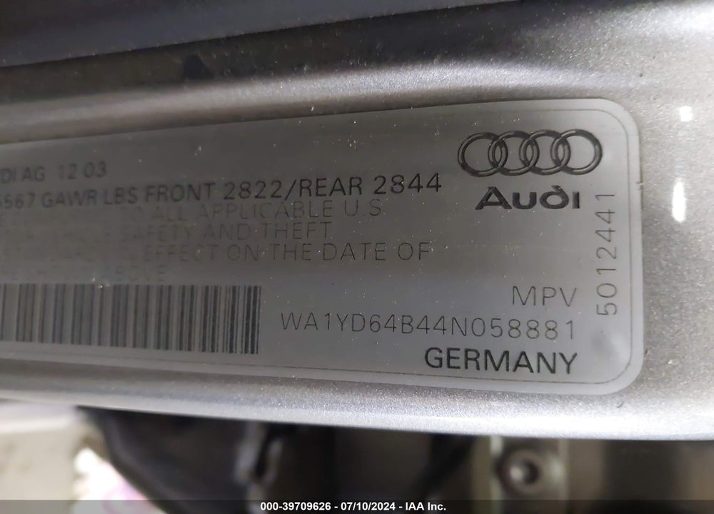 2004 AUDI ALLROAD 2.7T VIN: WA1YD64B44N058881