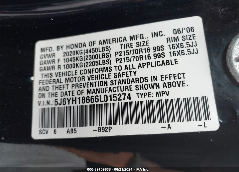 2006 HONDA ELEMENT EX VIN: 5J6YH18666L015274
