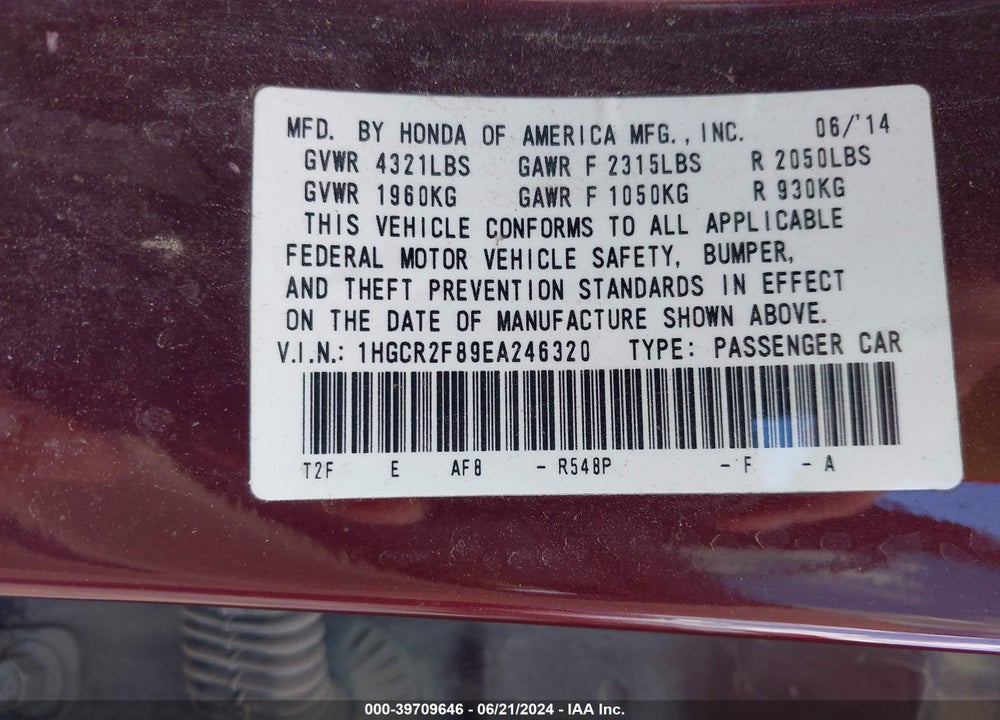 2014 HONDA ACCORD EX-L VIN: 1HGCR2F89EA246320