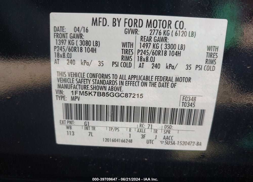 2016 FORD EXPLORER VIN: 1FM5K7B85GGC87215