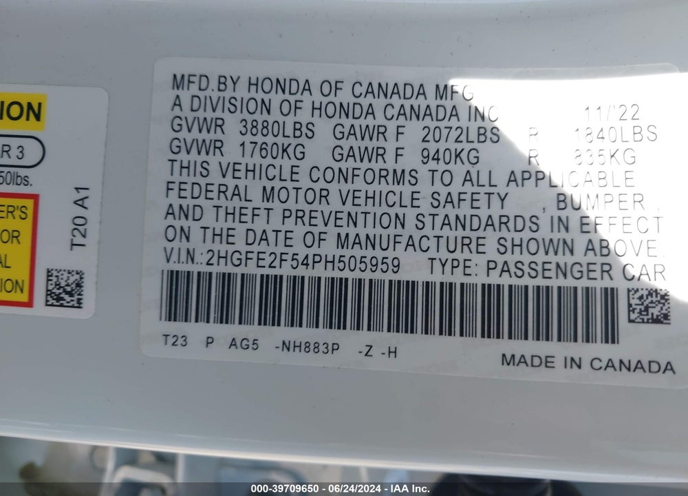2023 HONDA CIVIC SPORT VIN: 2HGFE2F54PH505959