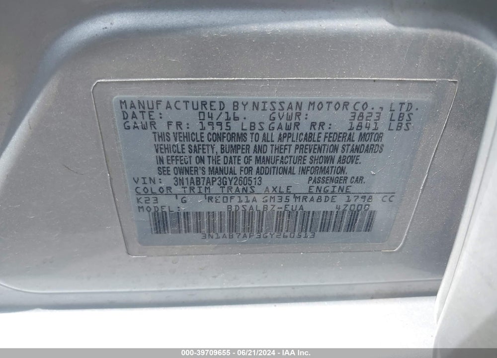 2016 NISSAN SENTRA S VIN: 3N1AB7AP3GY260513