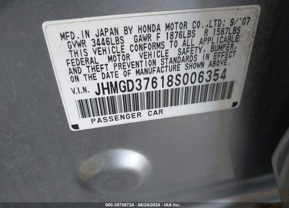 2008 HONDA FIT SPORT VIN: JHMGD37618S006354