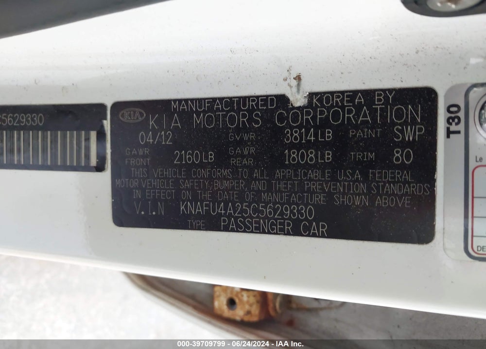 2012 KIA FORTE EX VIN: KNAFU4A25C5629330