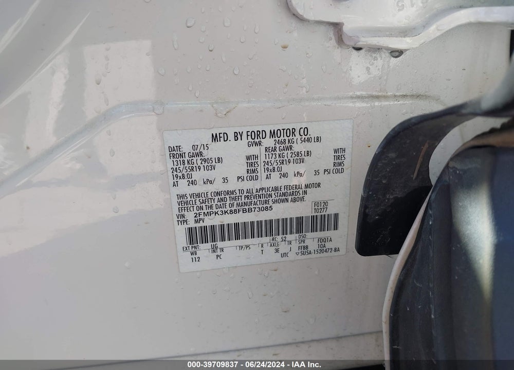 2015 FORD EDGE TITANIUM VIN: 2FMPK3K88FBB73085