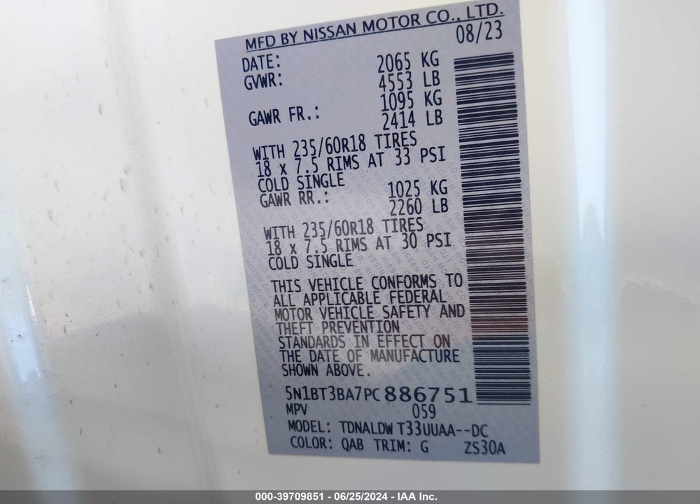 2023 NISSAN ROGUE SV FWD VIN: 5N1BT3BA7PC886751