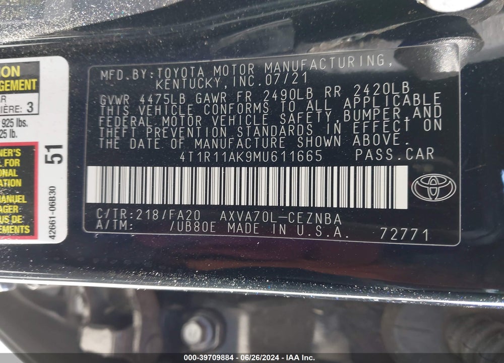 2021 TOYOTA CAMRY LE VIN: 4T1R11AK9MU611665