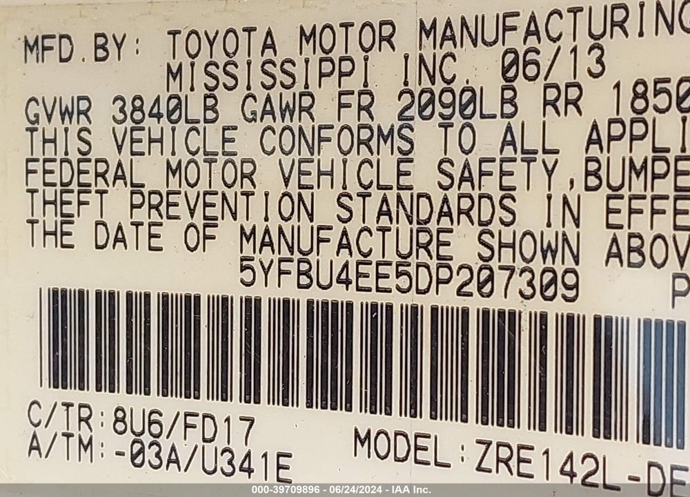 2013 TOYOTA COROLLA S VIN: 5YFBU4EE5DP207309