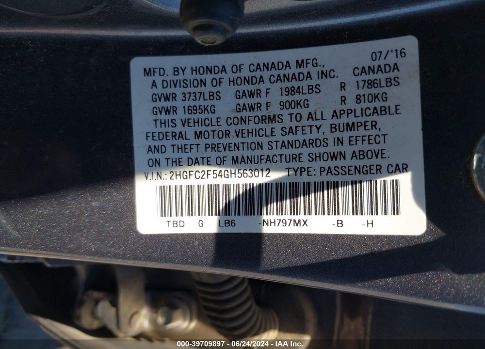 2016 HONDA CIVIC LX VIN: 2HGFC2F54GH563012