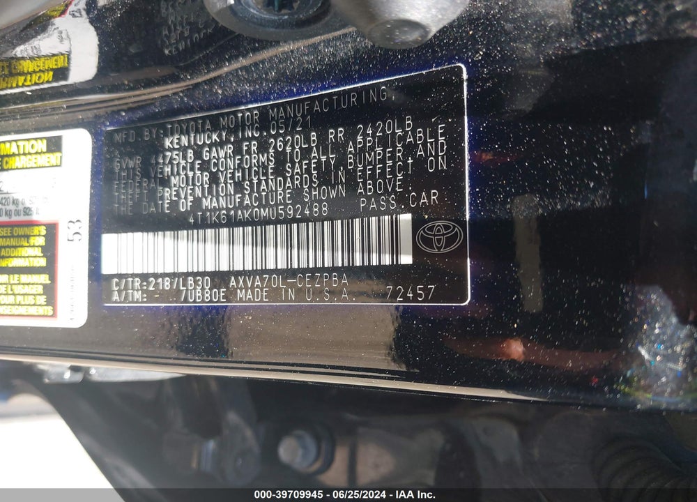2021 TOYOTA CAMRY XSE VIN: 4T1K61AK0MU592488