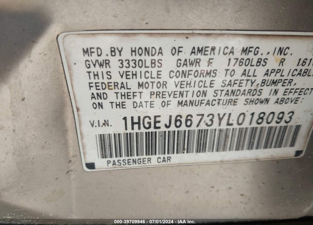 2000 HONDA CIVIC LX VIN: 1HGEJ6673YL018093
