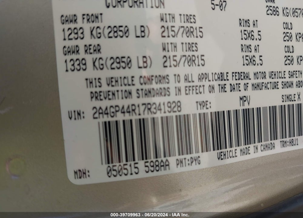2007 CHRYSLER TOWN & COUNTRY LX VIN: 2A4GP44R17R341928