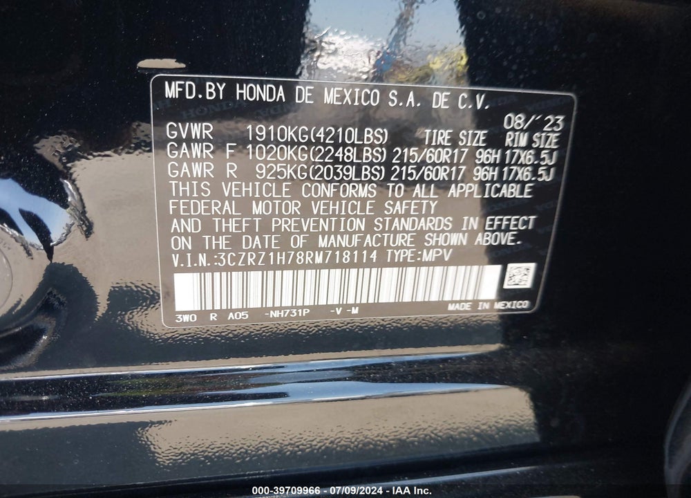 2024 HONDA HR-V 2WD EX-L/2WD EX-L W/O BSI VIN: 3CZRZ1H78RM718114